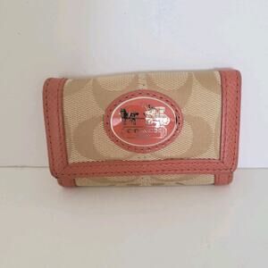 Coach Wallet Key Charm Case Holder Tan Pink Canvas Leather Logo